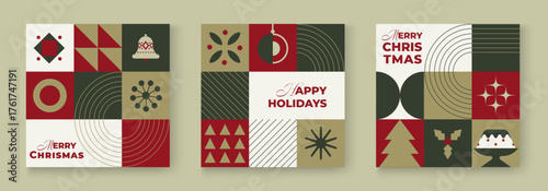 Elegant minimalist Christmas card set with geometric shapes and retro color palette. Perfect for holiday greetings, invitations, posters, and festive branding designs. Vector illustration