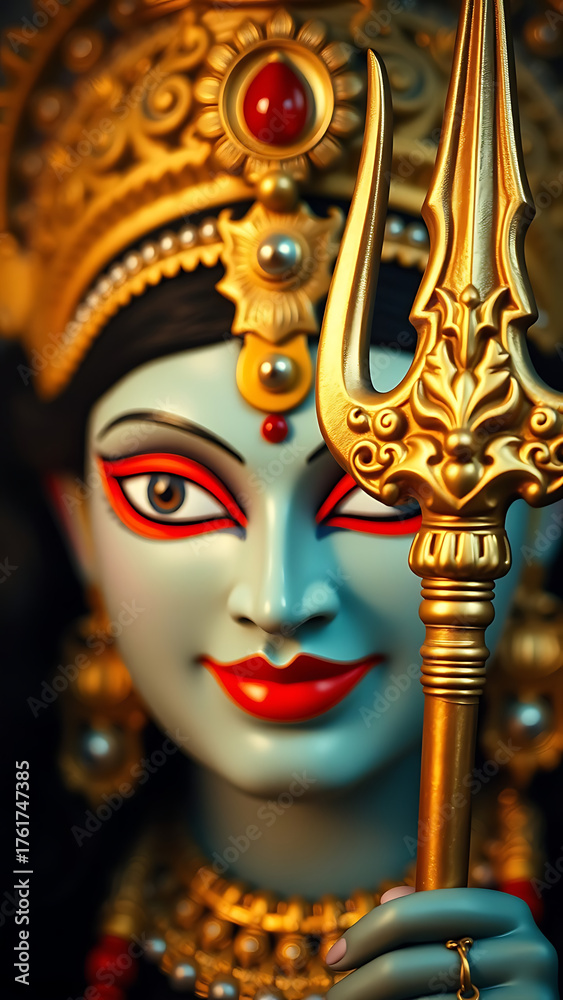 Obraz premium Happy maha navami greeting with goddess durga s eyes and trident vertical