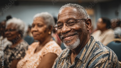 Elderly black man smiling in audience at community center event  