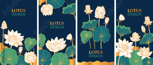 Golden lotus card. Elegant luxury floral decorative background, blue poster with gold blossom plant for wedding invitation cover or greeting card. Vector lotus flyer set
