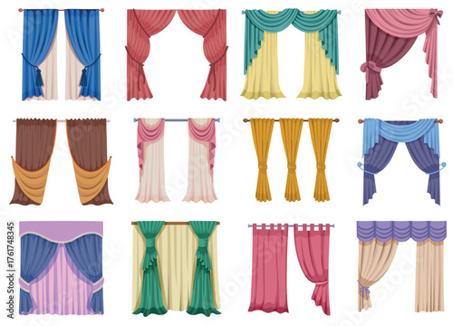 Cartoon curtains. Living room decor, modern decorative drapery different types, classic home interior elements, flat luxury room window decor. Vector curtains set