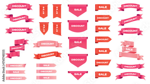 Ribbon sale banner. Folded curve scroll emblem with discount offer message, special promotion advertising label sticker. Vector 3D sale realistic set