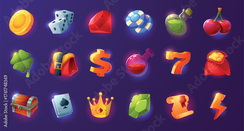 Casino game icons. Cartoon gambling elements for online slot machine, 3D graphic assets for video game, glossy poker dice, cherry, clover, chips. Vector set