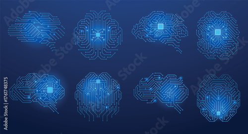 Glowing circuit brain. Abstract human head with microchip and circuit board texture, concept of technical expertise and brain work. Vector illustration
