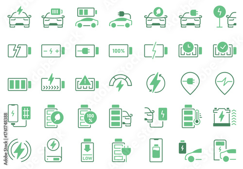 Charging station icons. Electric vehicle charger with battery power level, phone and power bank charge indicators, wireless charging symbols. Vector set