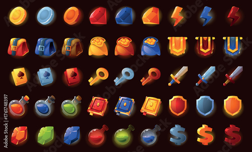 Game UI icon. Cartoon fantasy sprite graphic asset, magic energy health power and money resource symbols for video game. Vector isolated set