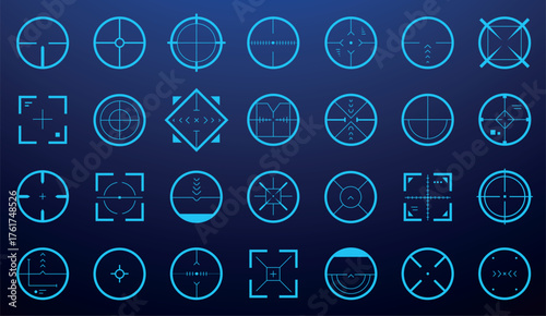 Target aim UI. Shooting focus crosshair, HUD sniper weapon accuracy sight, circle round square gun range optical mark. Vector military game interface target aims collection