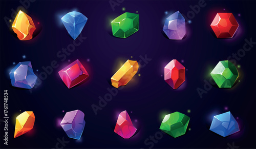 Gem game icon. Cartoon precious jewelry, magic glossy colored crystals for mobile games, fantasy shiny puzzle jewel UI asset. Vector isolated collection