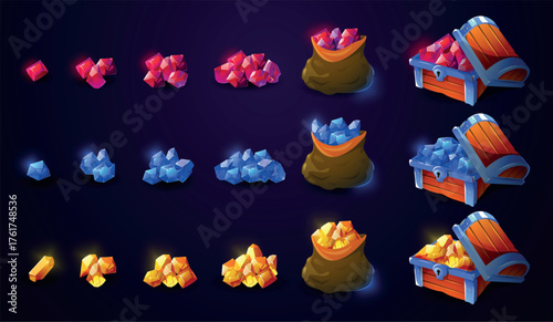 Treasure chest. Cartoon crystal pile rewards, fantasy wooden chest with glowing gemstones, fantasy pirate game element. Vector crystals asset isolated set