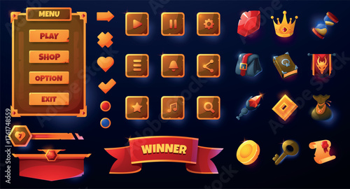 Cartoon game UI. Gaming icons buttons user interface elements, ribbon banners and navigation button set, reward symbols and game menu. Vector modern gaming web app GUI