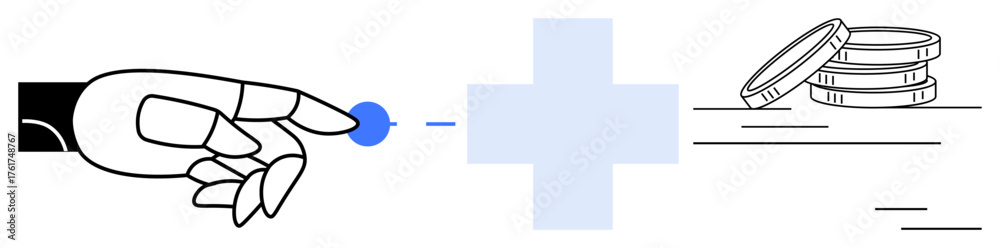 Fototapeta premium Robotic hand touches blue dot with medical cross and stack of coins nearby. Ideal for health tech, finance, innovation, investment, robotics, digital payment, futuristic design. Simple flat metaphor