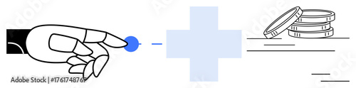 Robotic hand touches blue dot with medical cross and stack of coins nearby. Ideal for health tech, finance, innovation, investment, robotics, digital payment, futuristic design. Simple flat metaphor