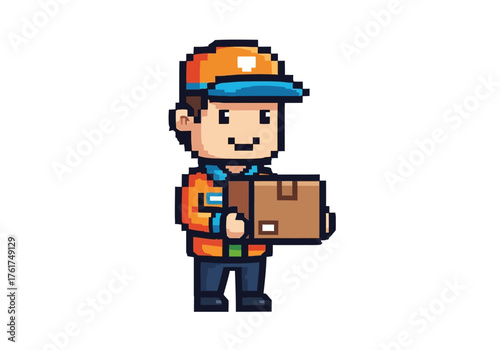 Pixel Art Delivery Man with Package Retro Game Style.