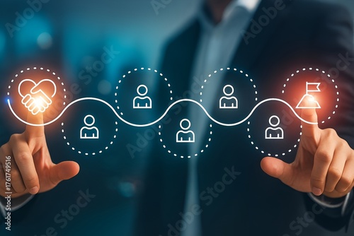 Teamwork and goal achievement – professional interacting with digital workflow diagram from partnership to success