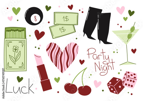 Party Girl Sticker set. Cute cartoon stickers. Lipstick, luck, heels, martini, dice, party, night and matchbox, billiard ball, cherry, money and hearts.