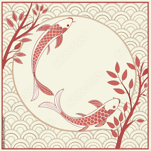 Two Red Koi Fish and Branches in Circular Frame carp