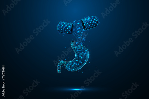 Abstract blue human stomach with open capsule, pill and drug in 3D low poly wireframe graphic. Concept gastric care, pain, science, and innovative technology. Vector illustration.