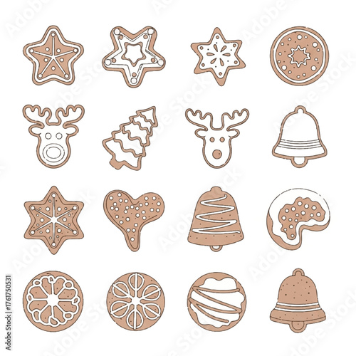 Flat vector illustration of various Christmas cookies and decorations in a festive flat lay against a clean white background.