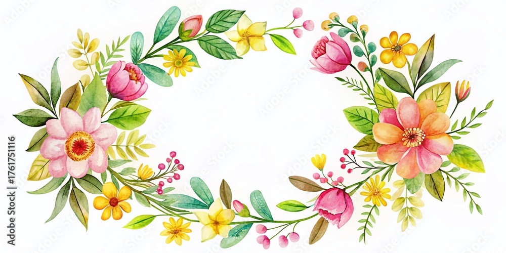 Obraz premium Hand-Drawn Floral Wreath: Pink, Yellow & Green Flower Crown, Twigs & Leaves Panoramic