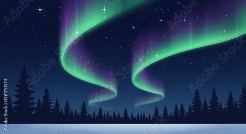 Vibrant Northern Lights dance across a starry winter sky, casting an ethereal glow over a tranquil snowy forest landscape