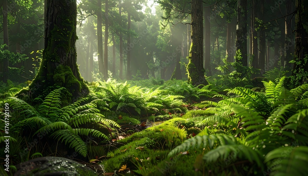 Fototapeta premium Enchanted Forest Floor: Ferns, Moss, and Sunlight in a Lush Green Woodland