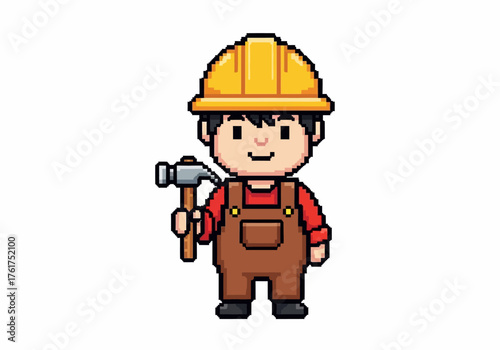 Pixel Art Construction Worker with Hammer and Hard Hat.