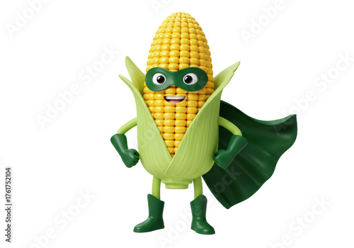 Superhero corn cob cartoon character PNG isolated, wearing mask and cape, funny food mascot for kids and healthy eating concepts