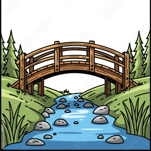 A charming arched wooden footbridge with sturdy railings spanning a rocky stream between two grassy green banks.