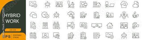 Hybrid Work Icon Collection – Symbols of Remote Collaboration, Flexible Office, and Digital Productivity