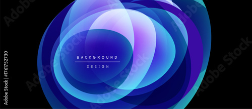 Abstract design features layered circles, vibrant blues, purples. Modern aesthetic, smooth gradients create dynamic visual impact.