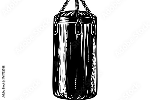 Heavy Bag Ready: A vintage-style illustration of a hanging heavy bag, ready for training, emphasizing the grit and dedication of boxing.