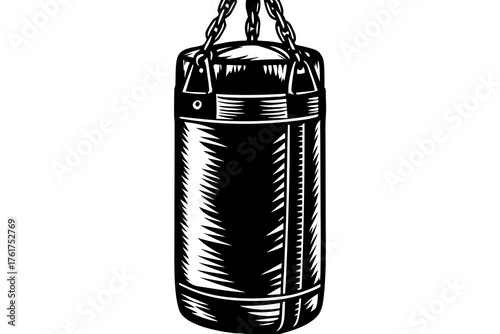Punching Bag: A stark, high-contrast image of a heavy punching bag hanging from a chain, ready for a workout.