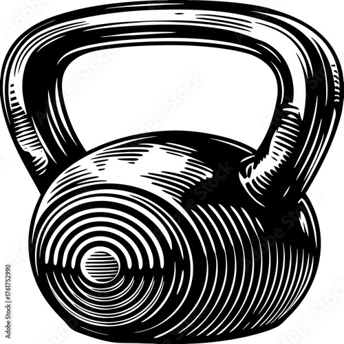 Kettlebell's power: a stylized kettlebell, rendered in a bold, eye-catching engraving. The image emanates power and intensity. This iconic fitness tool.