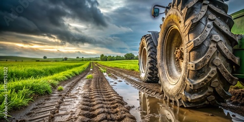 Heavy Tractor Wheels Leave Deep Tracks in Rain-Soaked Meadow - Agricultural Vehicle Stock Photo