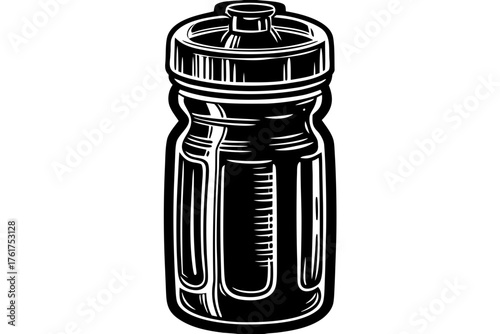 Sport Bottle Illustration: A meticulously crafted monochrome illustration of a sleek sport bottle, showcasing its form and function with a focus on its design and utility.