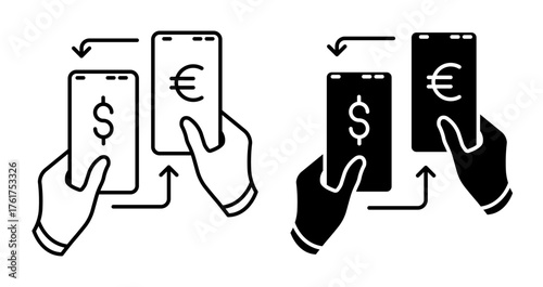 Linear icon. Users of electronic bank wallets exchange dollars for euros online. Simple vector isolated on white background