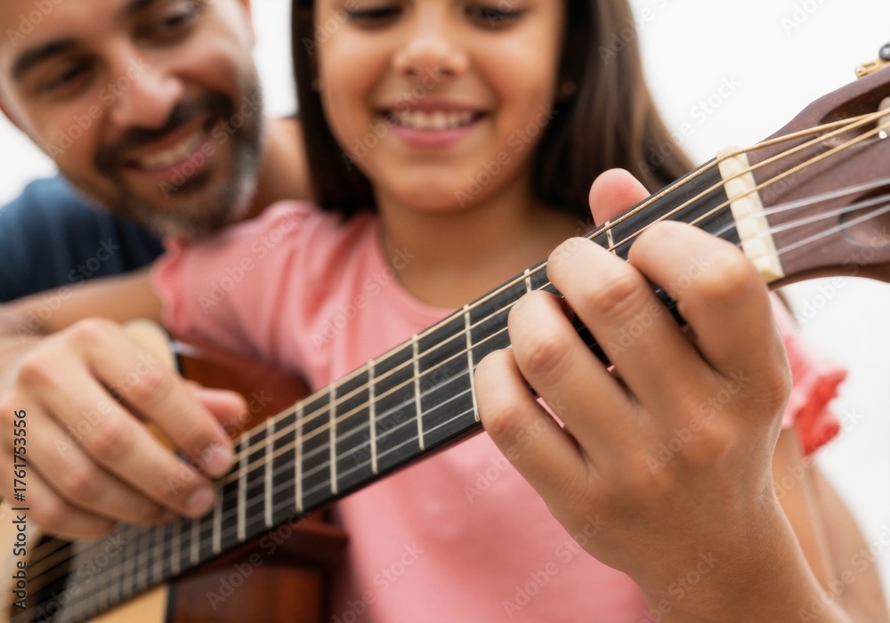 Fototapeta premium A girl learning guitar from her father.