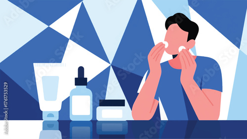 illustration vector collage of someone's skincare routine showing cleanser, serum, and moisturizer bottles with a person applying each step.eps