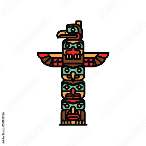 A colorful totem pole featuring multiple animal faces, symbolizing National Native American Heritage Month, with a mix of earthy tones and bold colors against a clean white background.