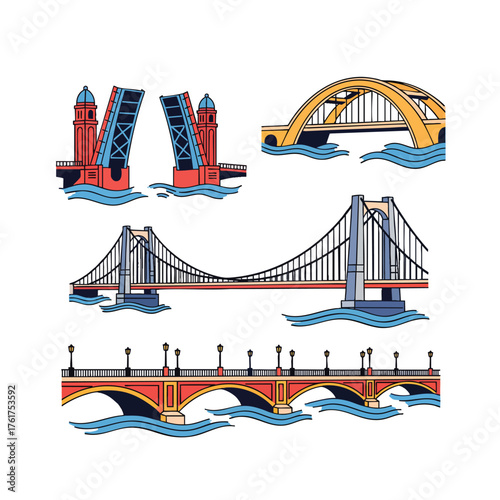 A colorful set of four different bridge illustrations showcasing various architectural designs like suspension arch and bascule bridges.