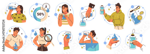 Set of water daily routine and drinking icons. Vector fluid consumption and drink infographic elements. Hydration and healthcare, drink balance and nutrition habit, healthy lifestyle sign. H2O liquid.