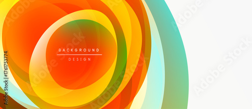 Abstract vibrant layers create circular design. Orange, yellow, green hues blend smoothly. Modern background element for projects.