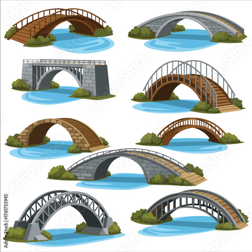 A diverse collection of illustrated arched bridges in various styles including wood stone and metal structures.