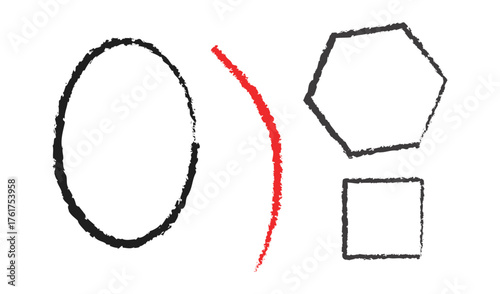 Abstract geometric shapes including an oval hexagon and square with a red curve