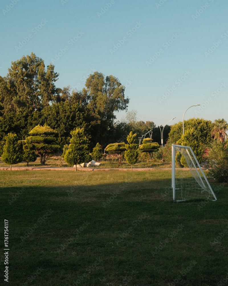 Fototapeta premium Empty football goal on green field at sunset