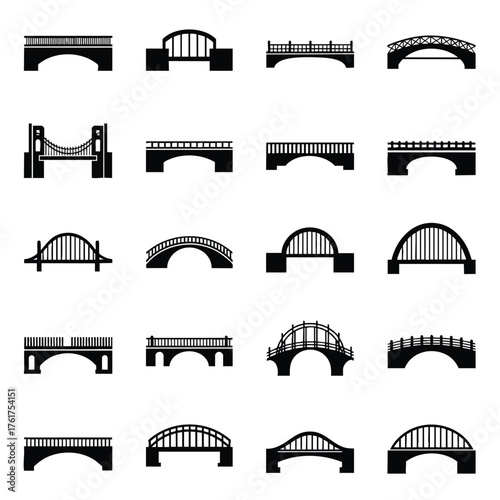 A diverse collection of twenty black silhouette icons depicting various architectural bridge structures and designs.