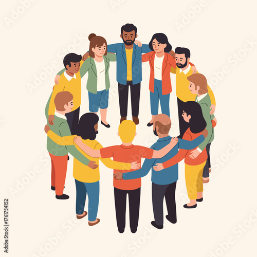 A diverse multicultural group of people standing in a supportive circle embracing each other in a demonstration of community unity and togetherness.