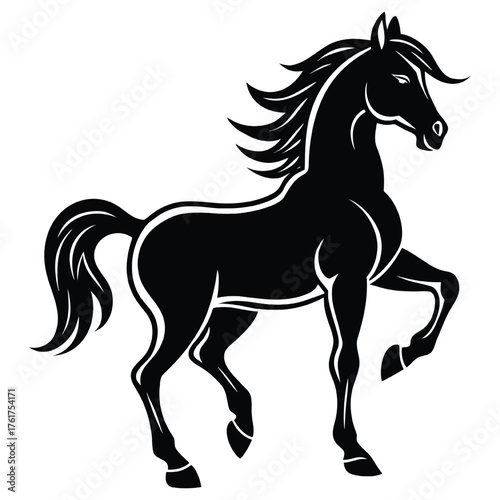 Black horse silhouette prancing with flowing mane and tail