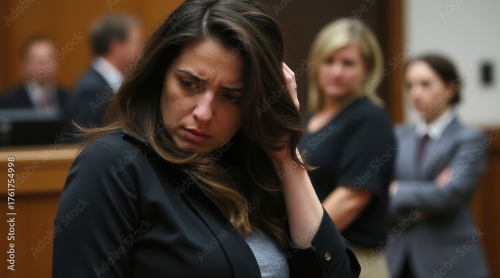 Obraz premium A woman in a courtroom looks pensive and troubled, while others stand in the background, creating a tense atmosphere.