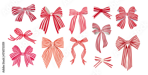 Red and White Striped Ribbon Bow Set. Festive Decorative Vector Collection